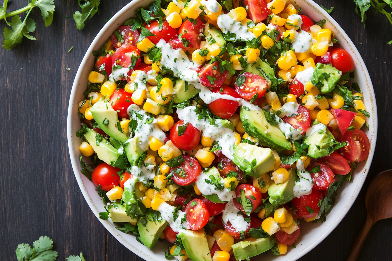 Avocado Corn Tomato Salad With Creamy Cilantro Lime Dressing