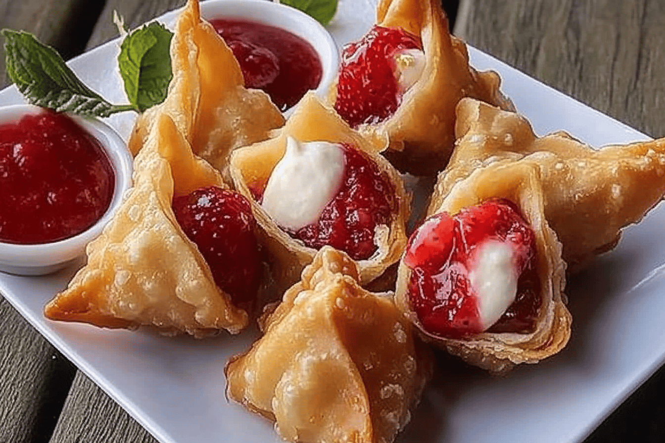 Deep Fried Strawberry Cheesecake Stuffed Wonton Bites