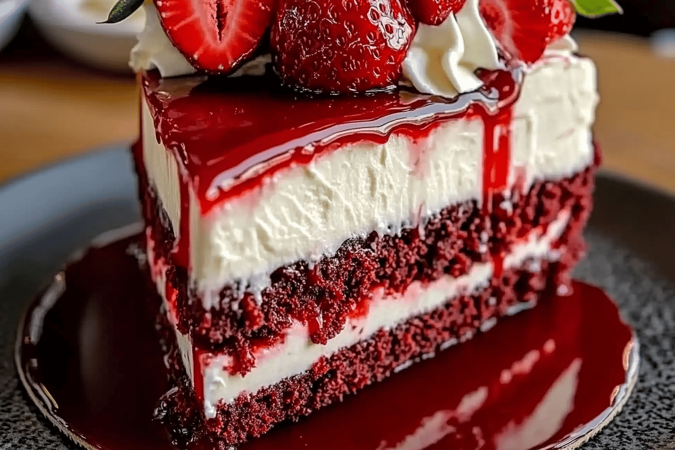Indulgent Red Velvet Strawberry Cheesecake