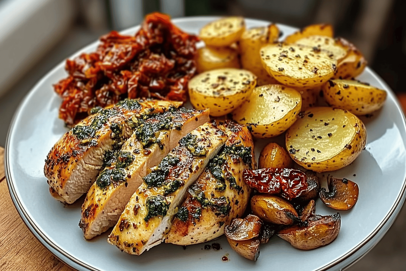 Tuscan Garlic Chicken & Roasted Potatoes with Sun-Dried Tomato Mushroom Pesto