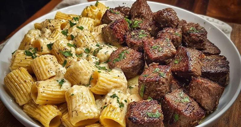 Indulge in Decadent Garlic Butter Steak Bites & Alfredo Rigatoni