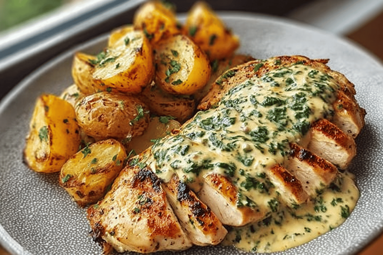Triple Cheese Garlic Chicken Alfredo With Crispy Parmesan Potatoes & Spinach Basil Pesto Swirl