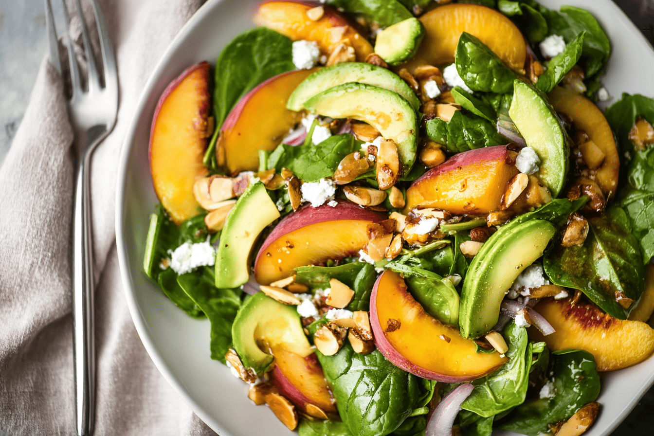Summer Peach Spinach Salad With Avocado, Toasted Almonds + Goat Cheese