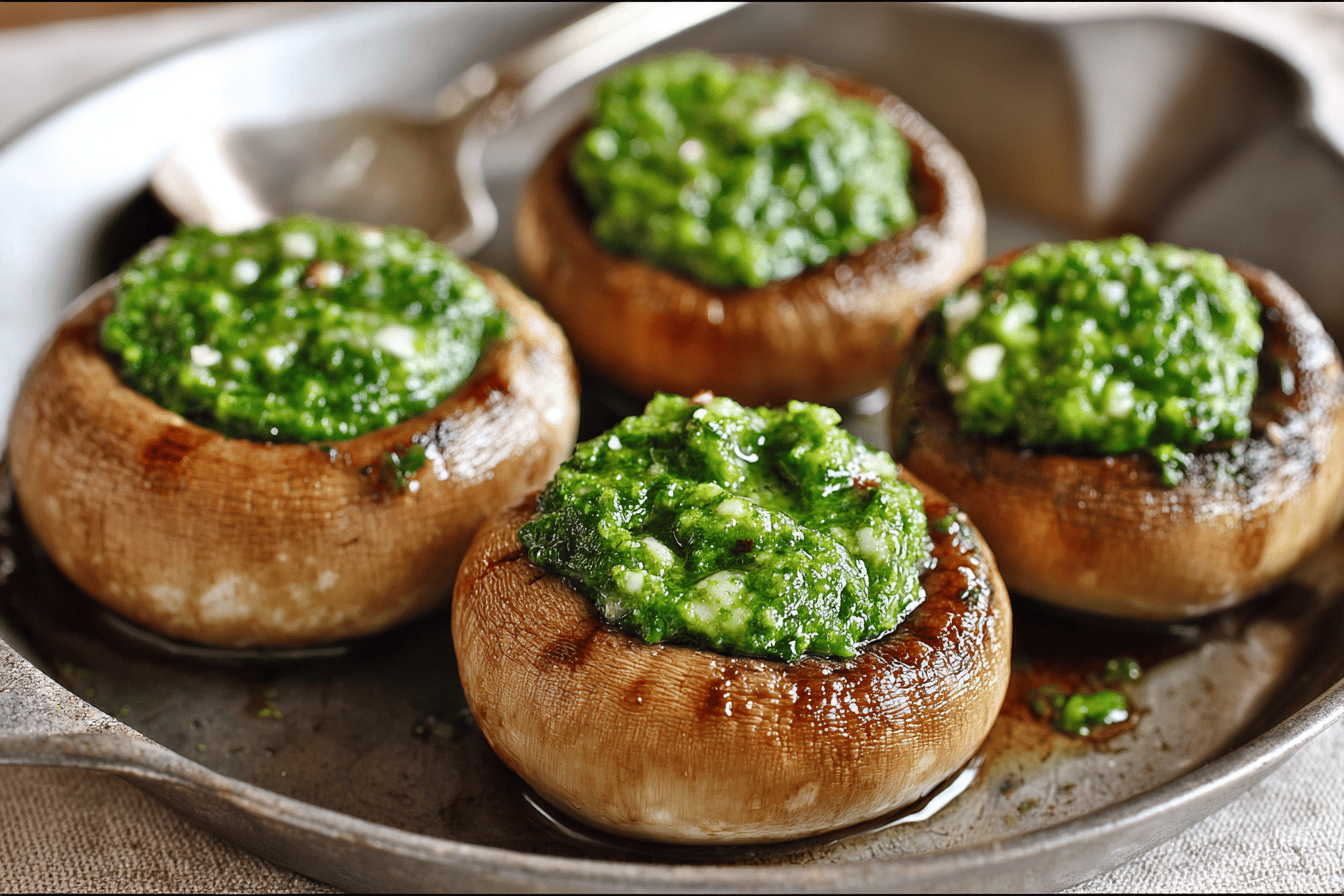Seared Mushrooms Stuffed With Homemade Pesto